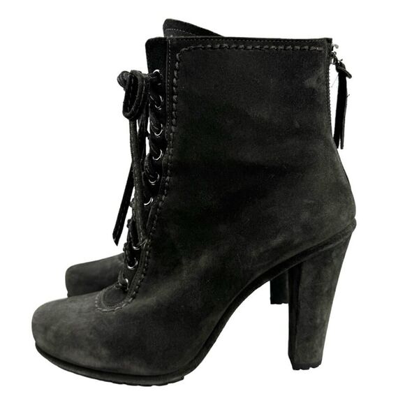 Miu Miu Booties Lace Up Suede Leather Ankle Boots Block High Heel Round Toe 39 - Picture 6 of 16